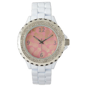 Relógio De Pulso modelo de abacaxi tropical dourado elegante