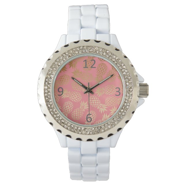 Relógio De Pulso modelo de abacaxi tropical dourado elegante (Frente)