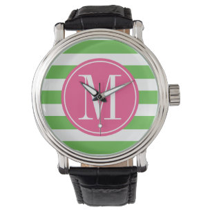 Relógio De Pulso Monograma Personalizado de Listras Rosa e Verde