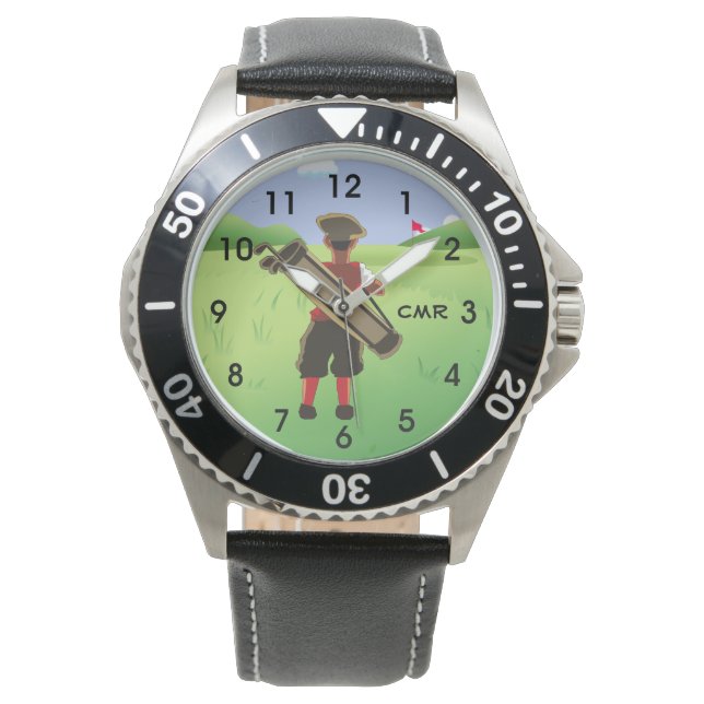 Relógio De Pulso Monograma personalizado divertido Golfista no camp (Frente)