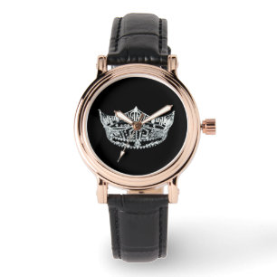 Relógio De Pulso Mulheres em Black Leather Strap Pageant Watch