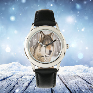 Relógio De Pulso Nome da floresta de inverno da cabeça de lobo pers
