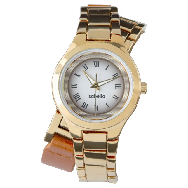 Relógio De Pulso Numeração Metálica Romana Dourada Elegante - Nome  (Frente)