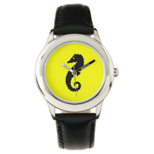 Relógio De Pulso Oceano Brilho_Negro-em-Amarelo Cavalo-Marinho