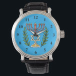 Relógio De Pulso Persa Menorah E Magen David<br><div class="desc">Esta imagem foi adaptada de um antigo azulejo judeu persa e apresenta uma menorah com um Magen David (Estrela de David) enquadrado por ramos de oliveira. As imperfeições da imagem original pintada à mão foram preservadas.</div>