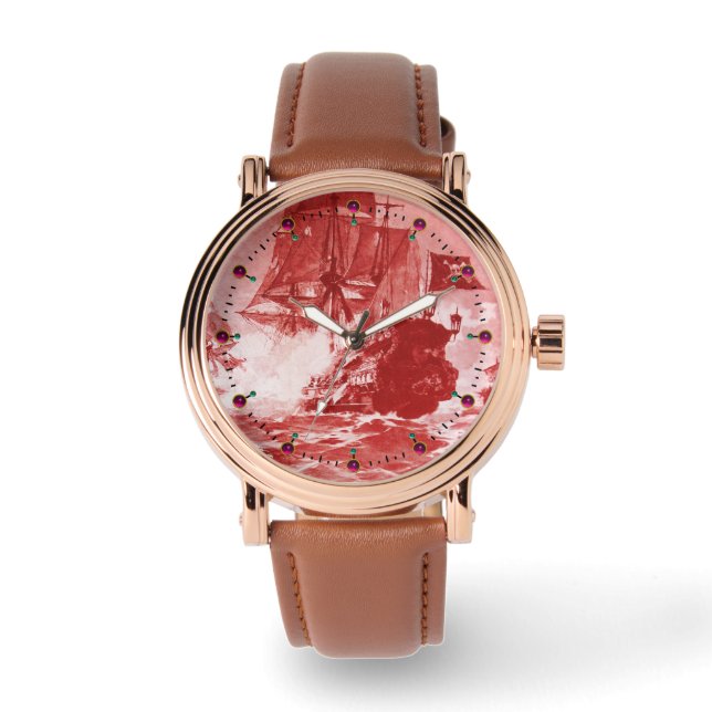 Relógio De Pulso PIRATE NAVEGAR BATALHA ANTIGA - Vermelho Branco -  (Frente)