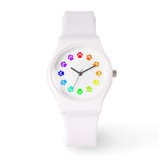 Relógio De Pulso Rainbow Pawprint White Women's Watch (Frente)