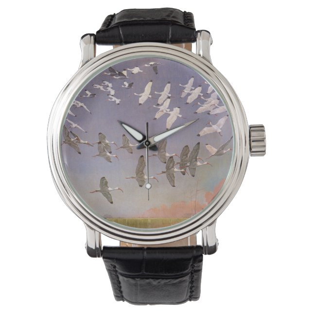 Relógio De Pulso Rebanho de Íbis Voando Sobre Áreas Úmidas, Aves An (Frente)