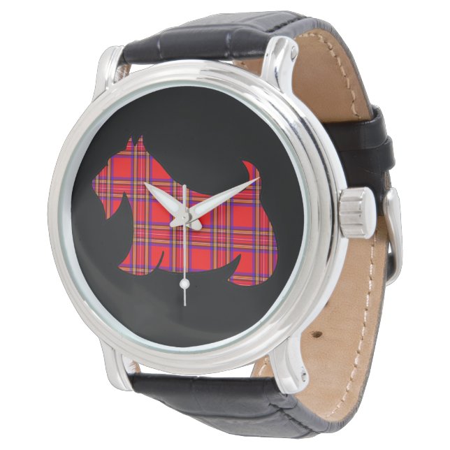 Relógio De Pulso Retro Red Xadrez Scottish Terrier Watch (Angular)