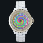 Relógio De Pulso Retro Tie Dye Hippie Psychedelic<br><div class="desc">Este design de ranhura apresenta um arco-íris brilhante e suave de cores num padrão tingido. É um design divertido e retrô para hippies/boêmicos que amam a paz,  que amam os anos 60,  1970 e a cor psíquica. Os números no relógio são brancos e ligeiramente curvados em uma fonte deco.</div>