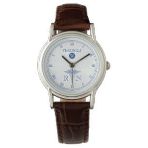 Relógio De Pulso RN Monograma Azul White Face Enfermeira Watch