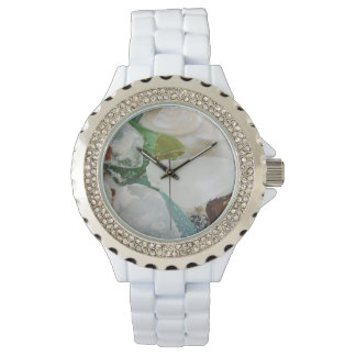 Relógio De Pulso Sandy Beach Glass Custom Rhinestone White Enamel