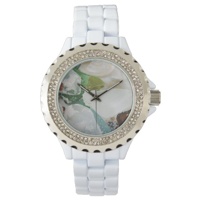 Relógio De Pulso Sandy Beach Glass Custom Rhinestone White Enamel (Frente)