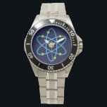 Relógio De Pulso Science Atom<br><div class="desc">Esta design de ciência atômica apresenta um átomo azul e verde em cores ousadas! Essa arte geeky atom é o presente perfeito para o comprar de um cientista, químico, físico, geek orgulhoso ou qualquer pessoa que tenha interesse em física ou química!</div>