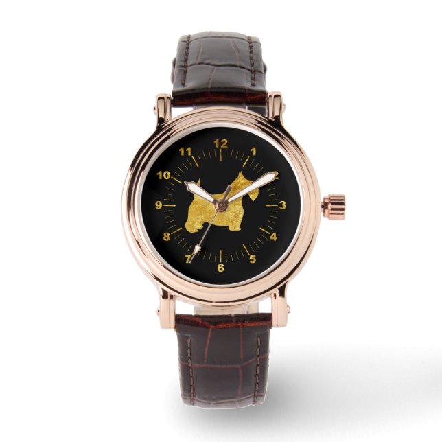 Relógio De Pulso Scottish Terrier in Dourado and Black Watch (Frente)