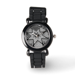 Relógio De Pulso Silver e Black Hearts and Stars Watch
