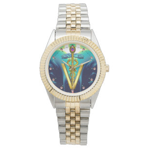 Relógio De Pulso SÍMBOLO VETERINÁRIO CADUEUS ouro / Azul Aqua,Teal