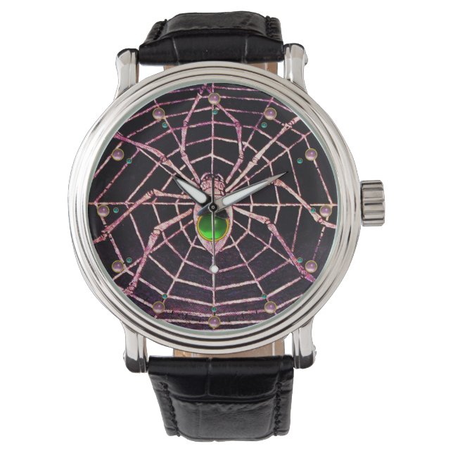Relógio De Pulso SPIDER E WEB Green Emerald Pink Gems, Preto (Frente)