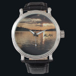 Relógio De Pulso Sunset at the Lake, Name, Wrist Watch<br><div class="desc">This wrist watch, with it's unique scenic photo face, black leather strap, and personalized name is a great gift for a retiree, birthday, Father's Day, Christmas, or other occasion. The watch face is an original landscape taken at sunset at Caples Lake in California. It is nature's beautiful artwork. All Rights...</div>
