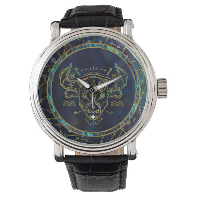 Relógio De Pulso Taurus Zodiac Dourado Abalone sobre constelação (Frente)
