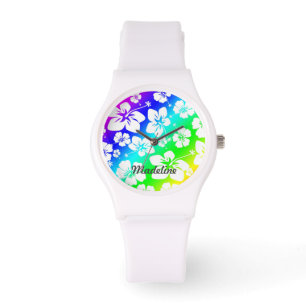 Relógio De Pulso Tie Dye Hisbiscus Watch com nome PERSONALIZÁVEL