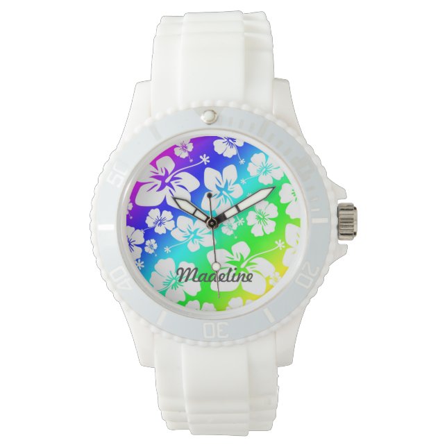 Relógio De Pulso Tie Dye Hisbiscus Watch com nome PERSONALIZÁVEL (Frente)