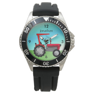Relógio De Pulso Trator de fazenda vermelho personalizado do