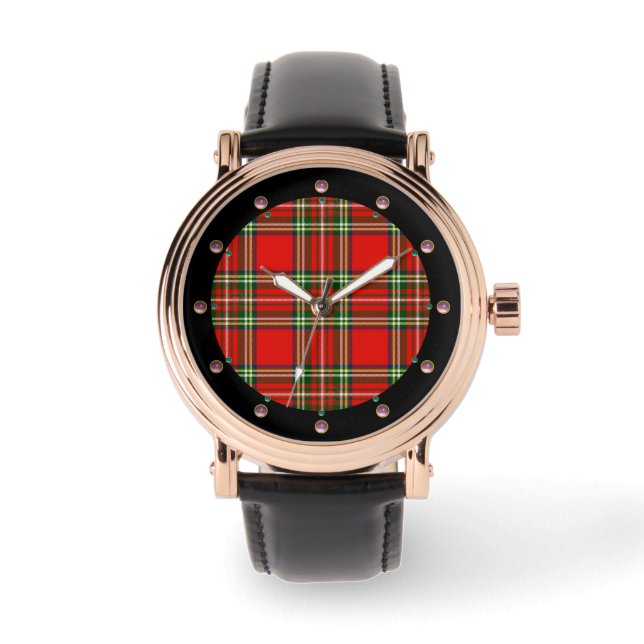 RELÓGIO DE PULSO VERMELHO ESCOTTISH TARTAN COM GEMSTONAS DE PINCO (Frente)