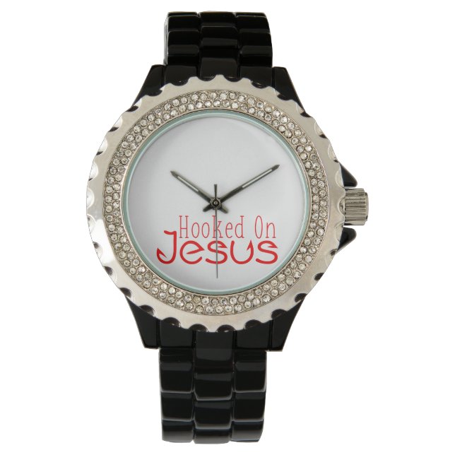 Relógio De Pulso Vermelho Viciado em Jesus Black Rhinestone Watch (Frente)