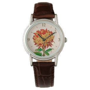 Relógio De Pulso Vintage Chrysanthemum Japonês. Dourado e laranja