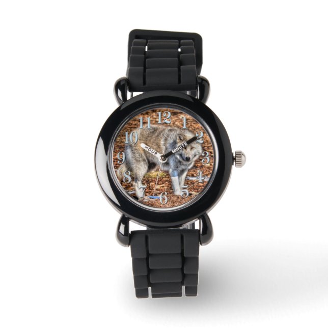 Relógio De Pulso White Artic Wolf and Forest Debris Wildlife Watch (Frente)