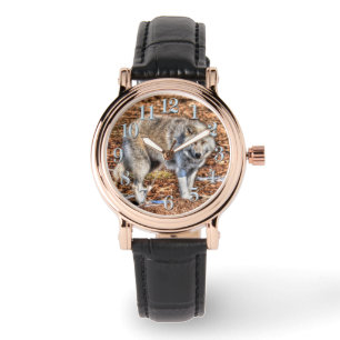 Relógio De Pulso White Artic Wolf and Forest Debris Wildlife Watch