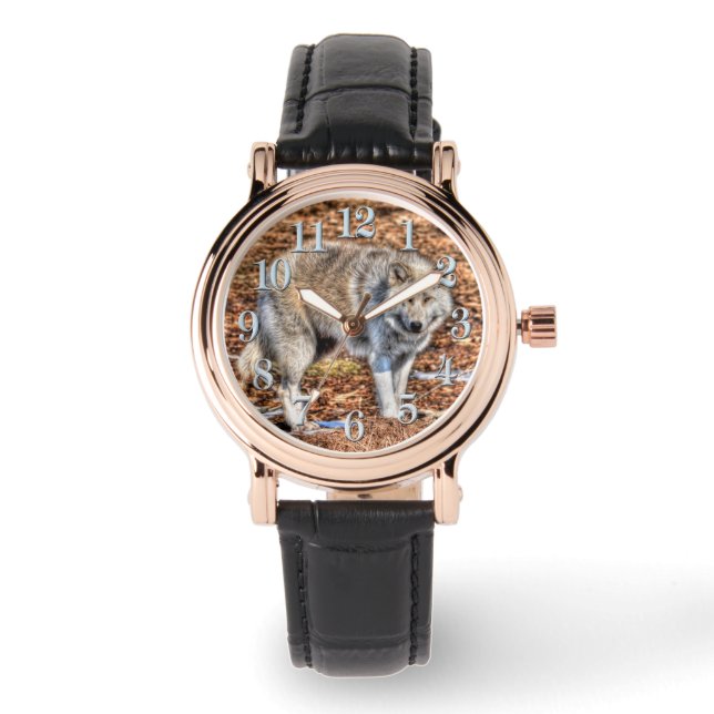 Relógio De Pulso White Artic Wolf and Forest Debris Wildlife Watch (Frente)
