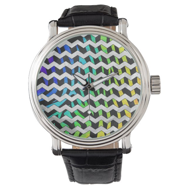 Relógio De Pulso Zebra Chevron Black e Rainbow Impressão (Frente)