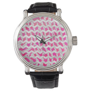 Relógio De Pulso Zebra Chevron Branca, Rosa-Quente