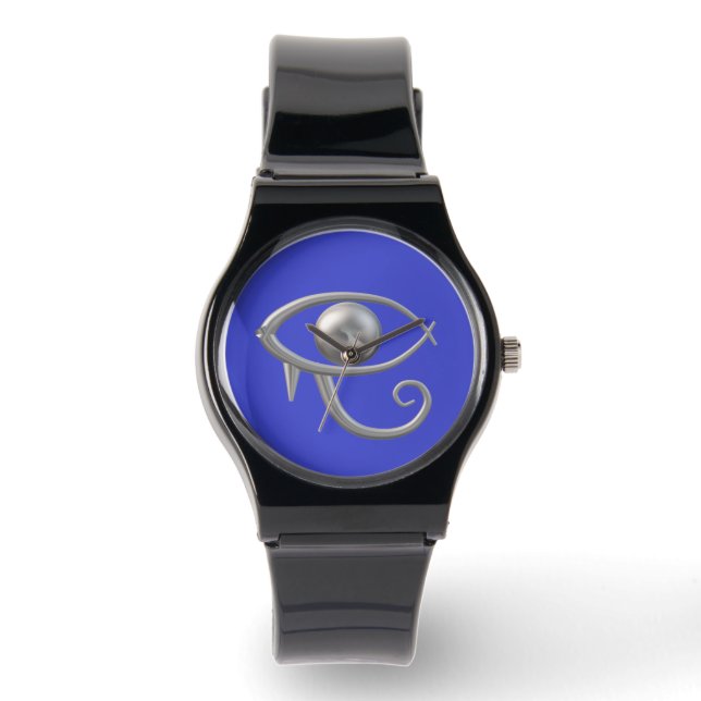 Relógio de silicone preto azul prata Olho de Rá (Frente)