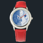 Relógio Deixe o Sol brilhar em vermelho<br><div class="desc">Este relógio baleado mostra uma jovem abrindo a porta ao sol. Pode ser personalizado com uma linha de texto. presente de excelente para qualquer garota.</div>