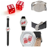 Relógio Deixe os bons tempos rodarem com a observação das<br><div class="desc">Como dizem em Nova Orleans,  Laissez les Bon Temps Rouler,  Deixe o Bom Tempo Rolar,  com este na moda com dois dados vermelhos em um rosto branco clássico. Tire uma chance deste relógio divertido de preto,  branco e vermelho. Personalize com suas Iniciais para o jogo perfeito.</div>