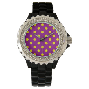Relógio Design de Padrão de Bolinhas Amarelo em Roxo