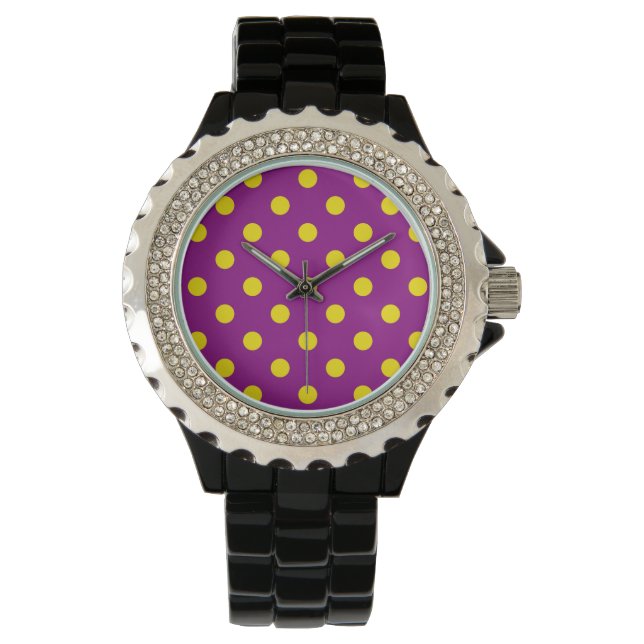 Relógio Design de Padrão de Bolinhas Amarelo em Roxo (Frente)