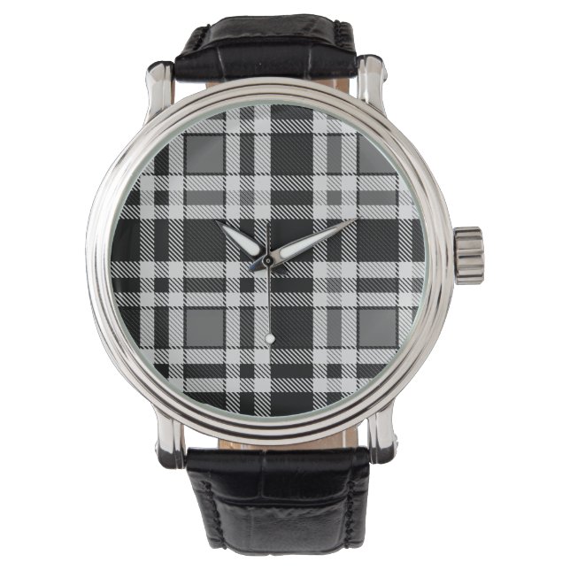 Relógio Design de Tartan Xadrez Flannel Branco preto (Frente)