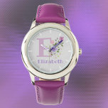 Relógio Design Floral com Nome e Monitoramento Inicial da<br><div class="desc">Design Floral com Nome e Monitoramento Inicial da Criança. Cuidado com o nome cristão. Design apresenta Monograma & Nome com Flores no estilo de pastel de cor de água. O nome de exemplo é Elizabeth. Altere o nome conforme desejado para qualquer pessoa com um nome que comece com E.</div>