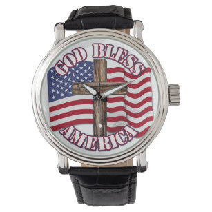 Relógio Deus abençoe americano com bandeira e cruz dos EUA