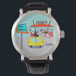 Relógio Diner Watch dos anos 50<br><div class="desc">Sirva algo especial com o Diner Watch dos anos 50. O design de desenho de desenho mostra um prédio de tijolos vermelhos com janelas azuis, portas duplas de cinza, e uma placa branca que diz, "Diner" gravado no telhado. No estacionamento, um segundo sinal está num poste. O cartaz tem um...</div>