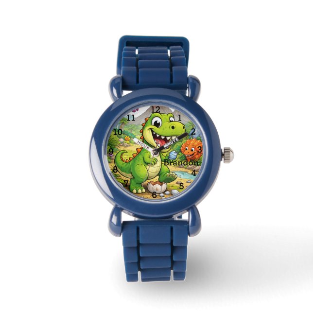 Relógio Dinosaur Boy Modern Green Trex Custom Name Kids (Frente)