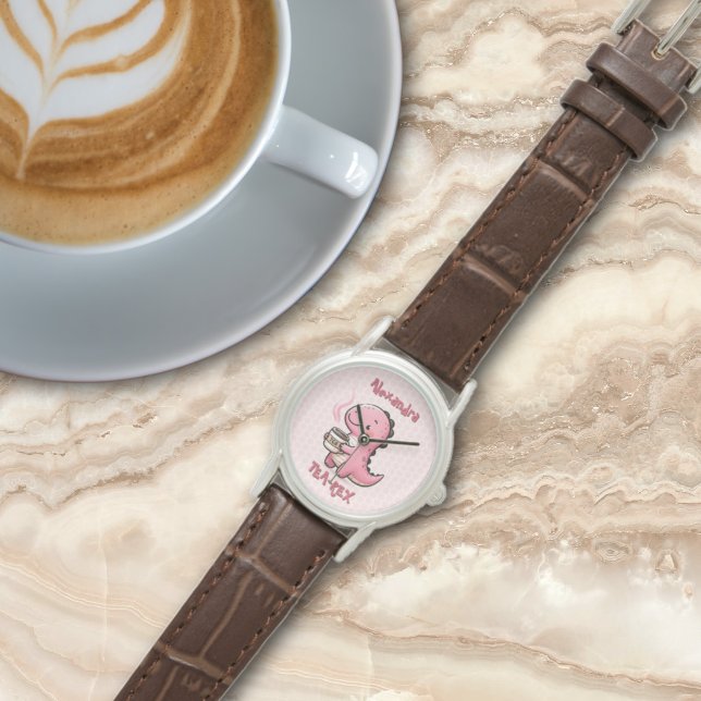 Relógio Docinho Tea-Rex Personalizado Dinossauro Animal Pu (Sweet Tea-Rex Personalized Dinosaur Animal Pun Polka Dot watch)