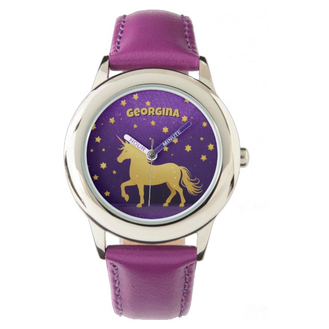 Relógio Dourada Glitter Unicorn Personalizada (Frente)
