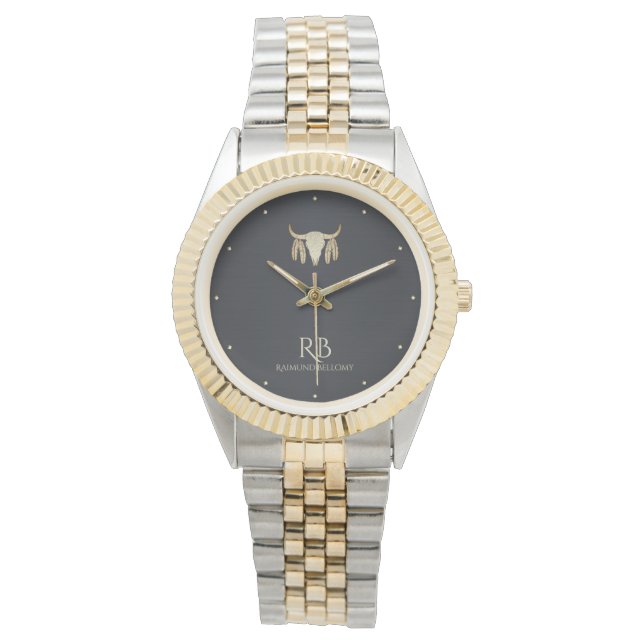 Relógio Dourada Túbua Negra-Cabeça de Buffalo (Frente)