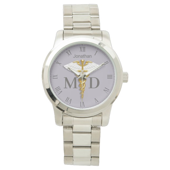 Relógio Dourado Caduceus White Wings Nome Médico MD (Frente)