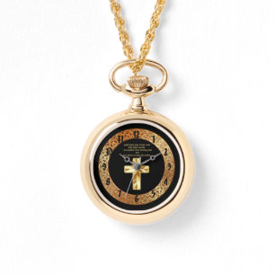 Relógio Dourado Christian Crucifix Cross com palavras engr